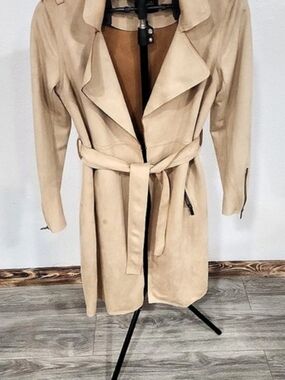 Tahari Faux Suede Trench Coat Beige Size T